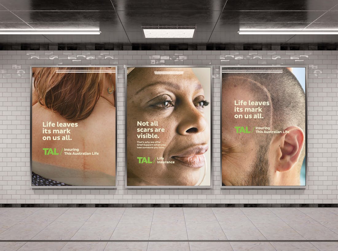 Image of three captivating billboards showing close-up pictures of people with scars, the billboards contain the headlines: "Life leaves its mark on us all" and "Not all scars are visible".