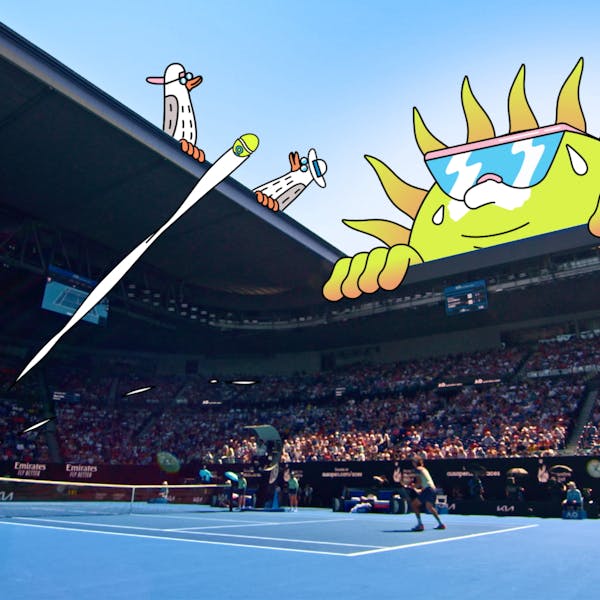 A shot of a tennis match, with an illustrated ball flying into the sky, along with an illustrated sun, and two illustrated seagulls. 
