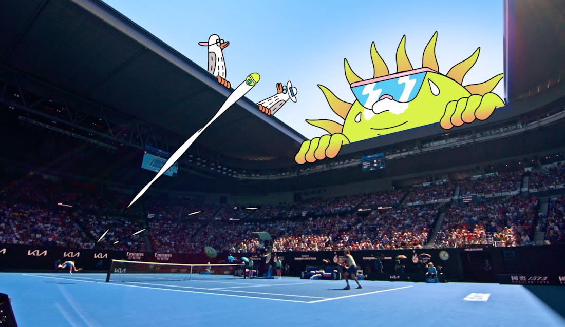 A vibrant image of a tennis match in a stadium, one of the tennis players is hitting a ball towards an illustration of the sun watching the match through the stadium roof.