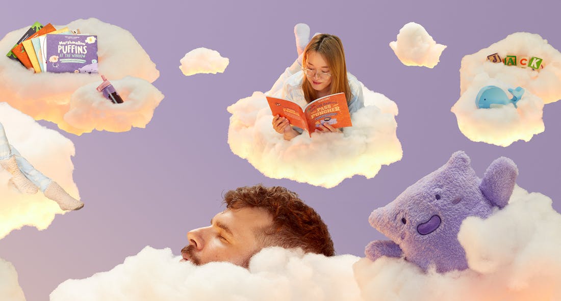 A vibrant image showing two people sitting on clouds reading books.