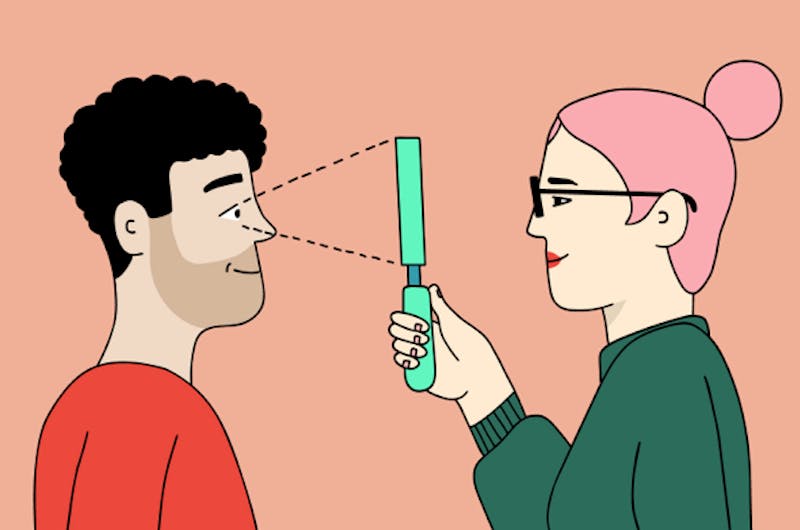 cartoon of optometrist performing eye test on customer