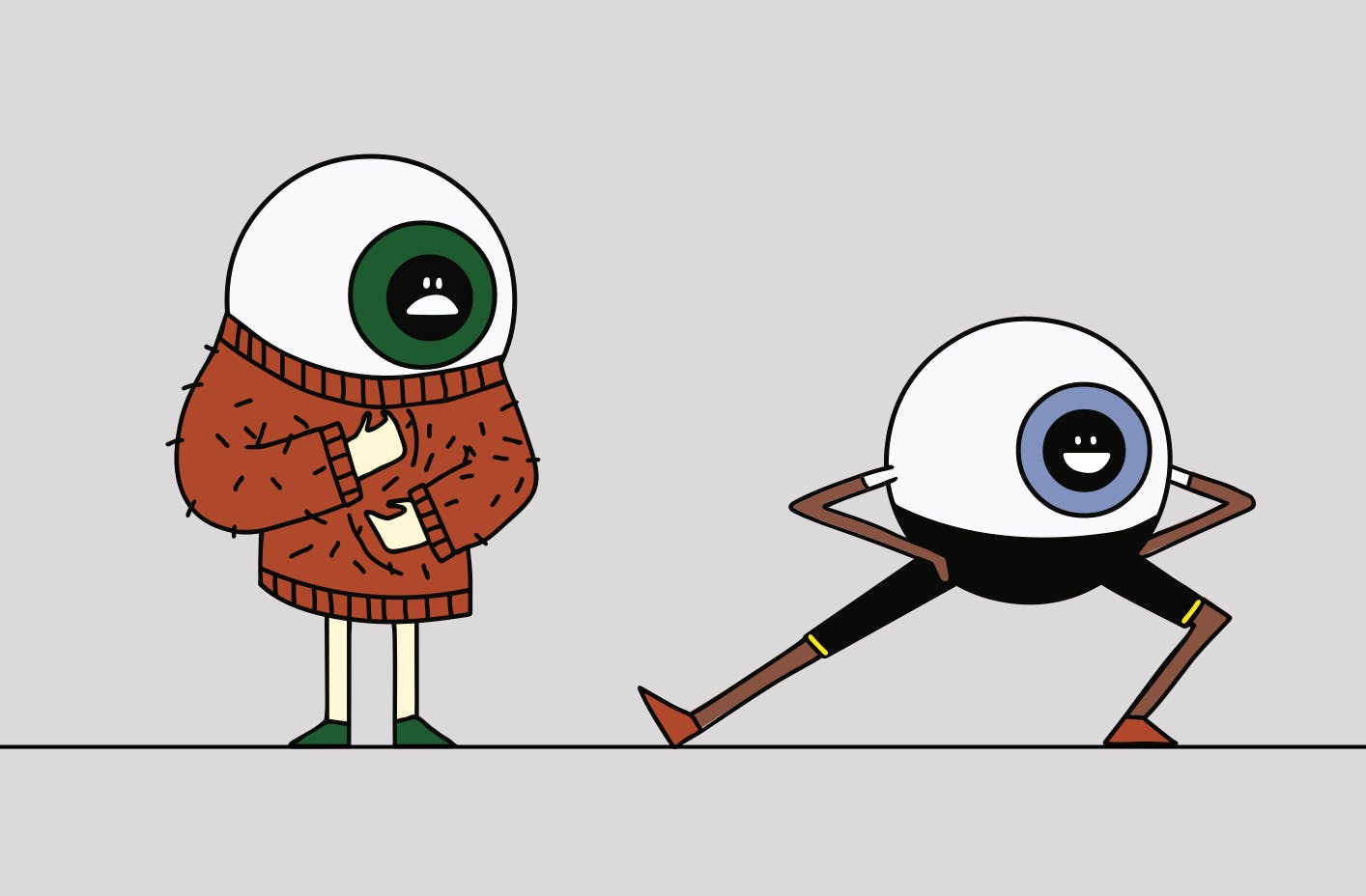 Illustration of an eyeball with legs wearing a scratchy sweater and another one wearing active wear