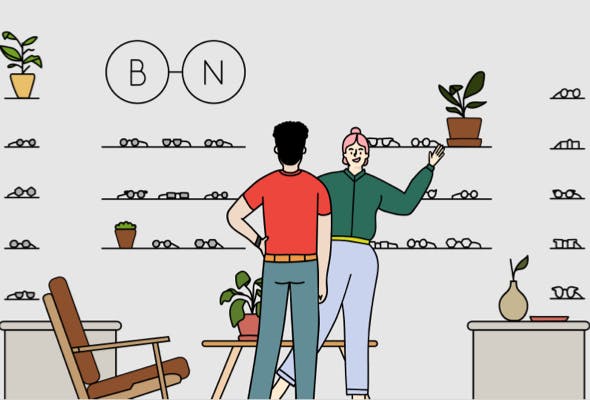 Illustration of an eyewear stylist helping a customer in a BN store