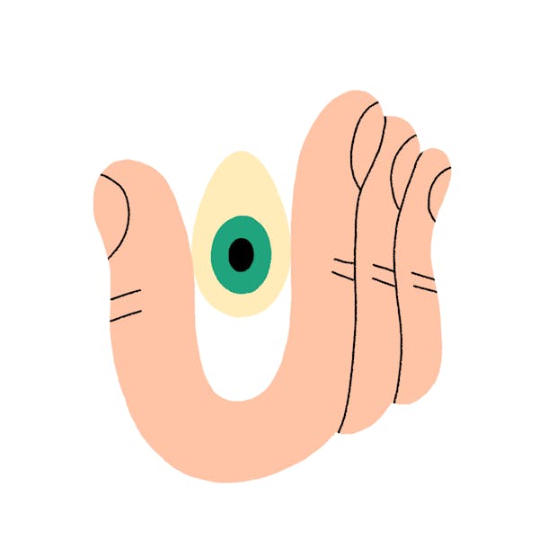 Illustration of egg shaped squished eye ball in hand