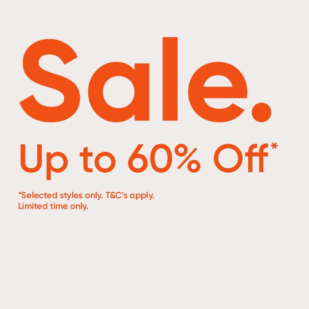 Text: Sale. Up to 60% off. Selected styles only. Terms & conditions apply. Limited time only.