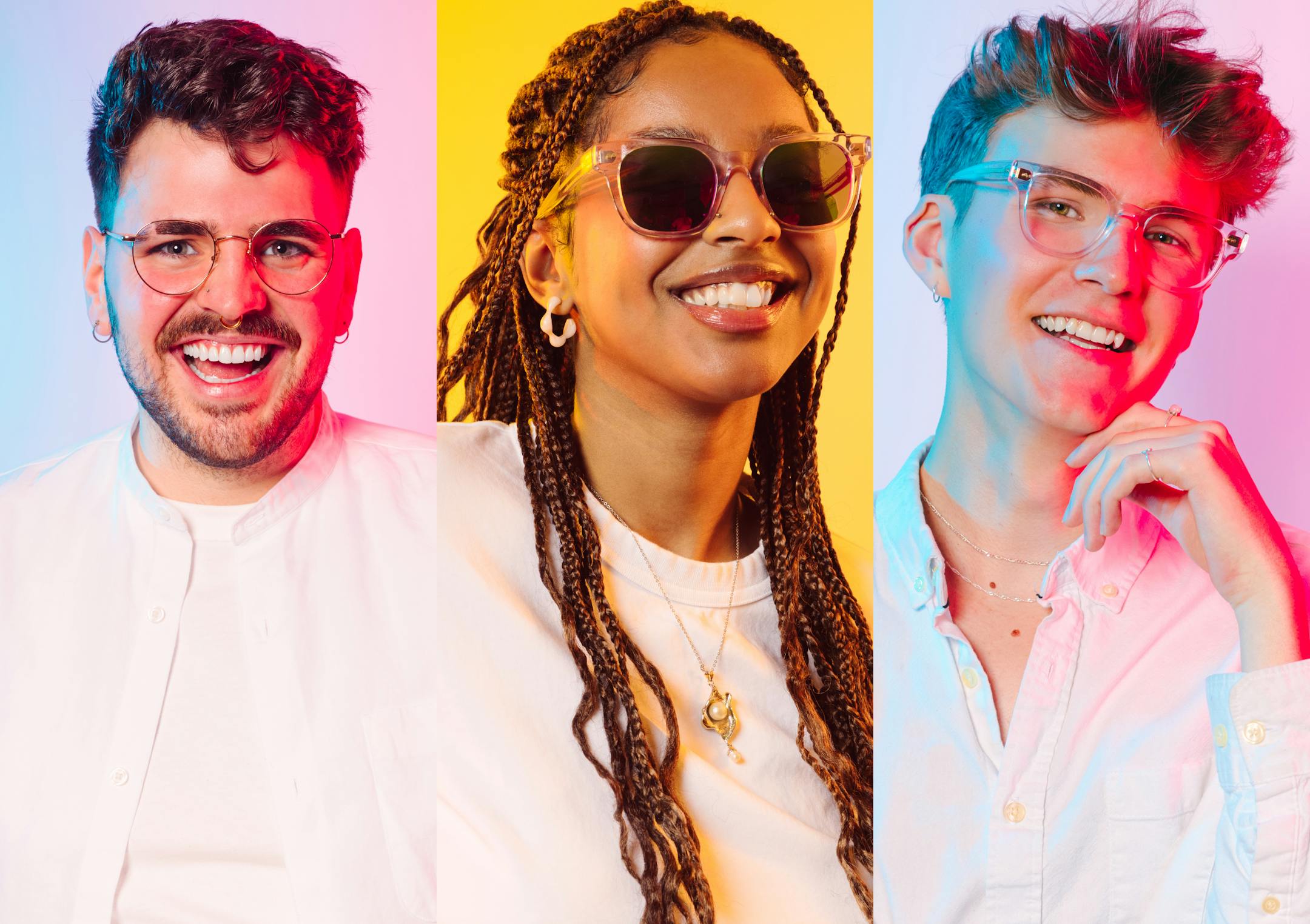 Three Bailey Nelson team members wearing Bailey Nelson glasses on a rainbow background.