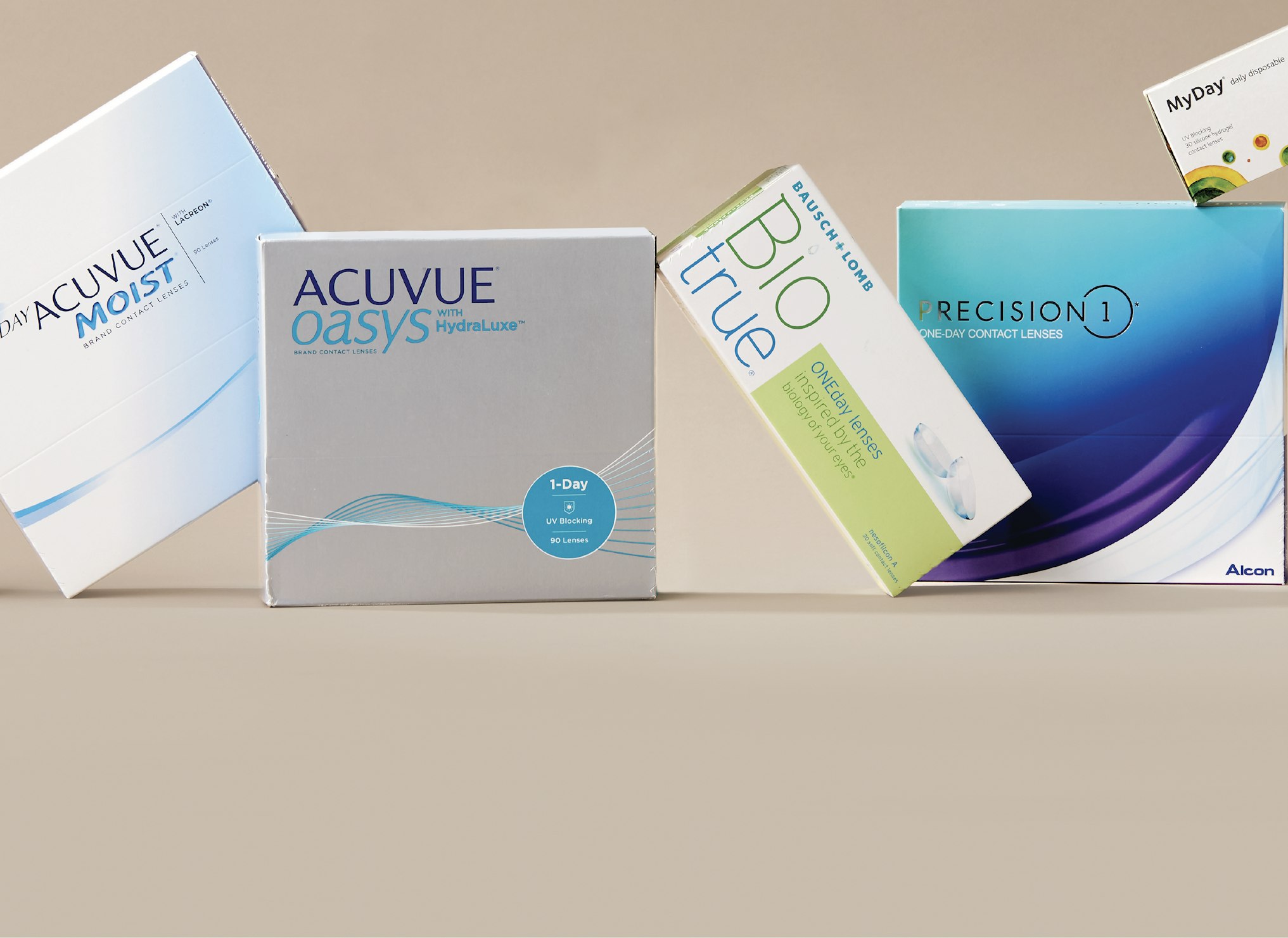 A contact lens boxes from Acuvue, Precision 1, MyDay and BioTrue.