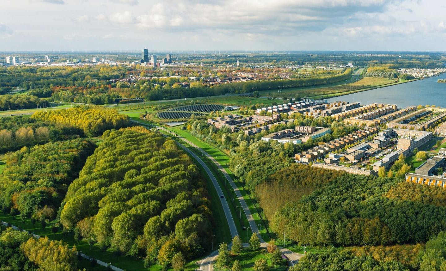 luchtfoto van een stad omringd door veel groen.