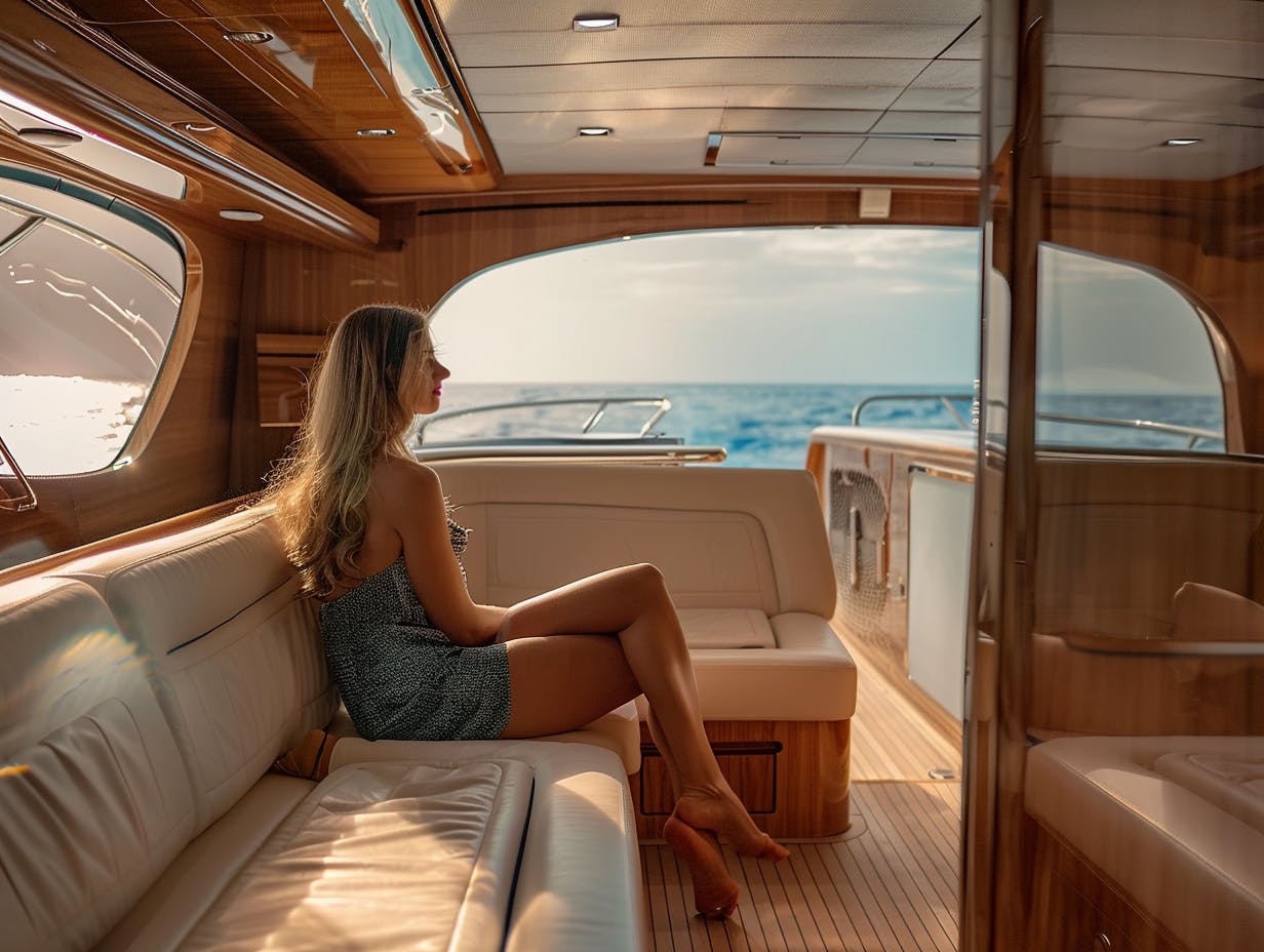 living on the boat. Woman is looking in the window