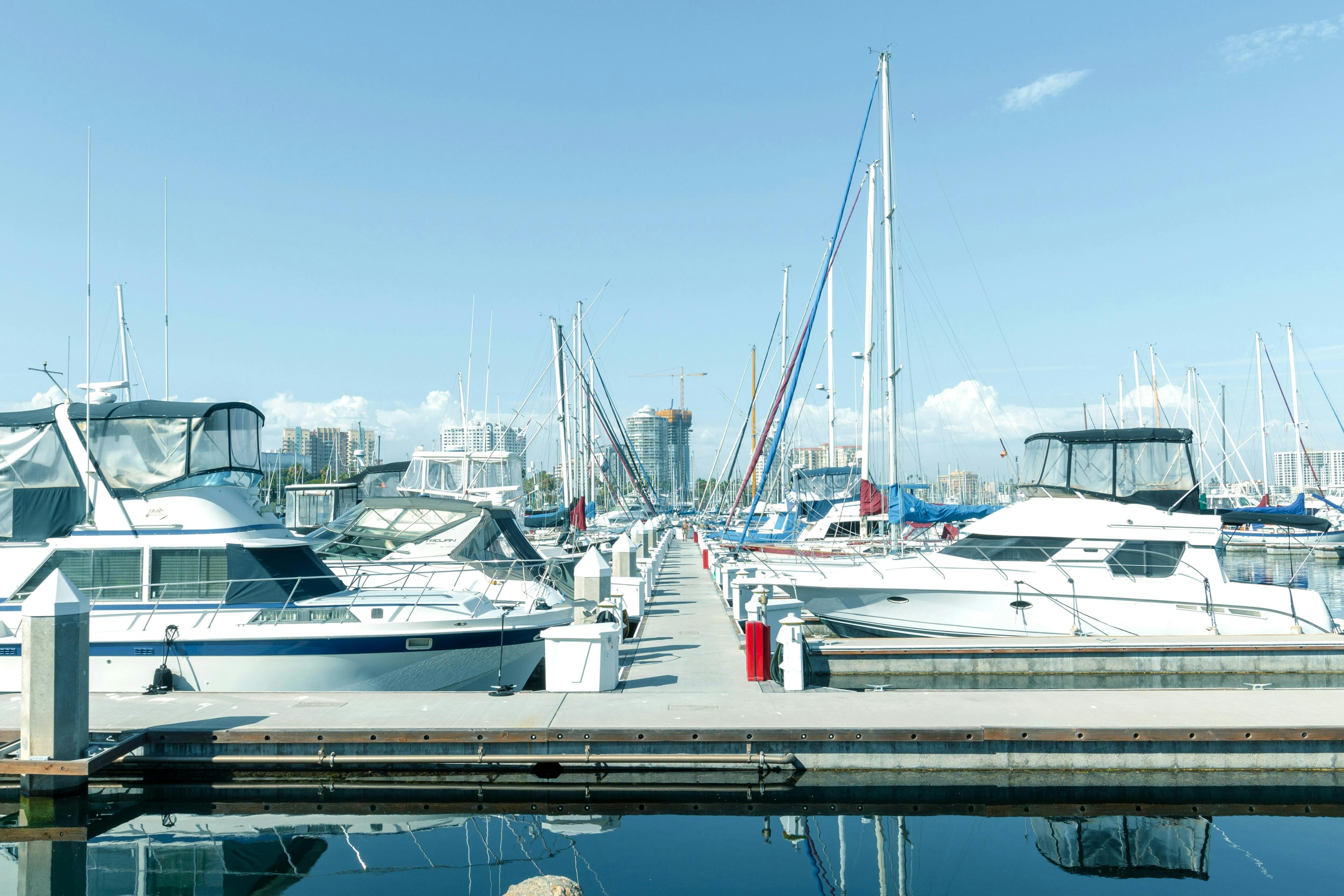 bright day in the marina with so many yachts and sail boats