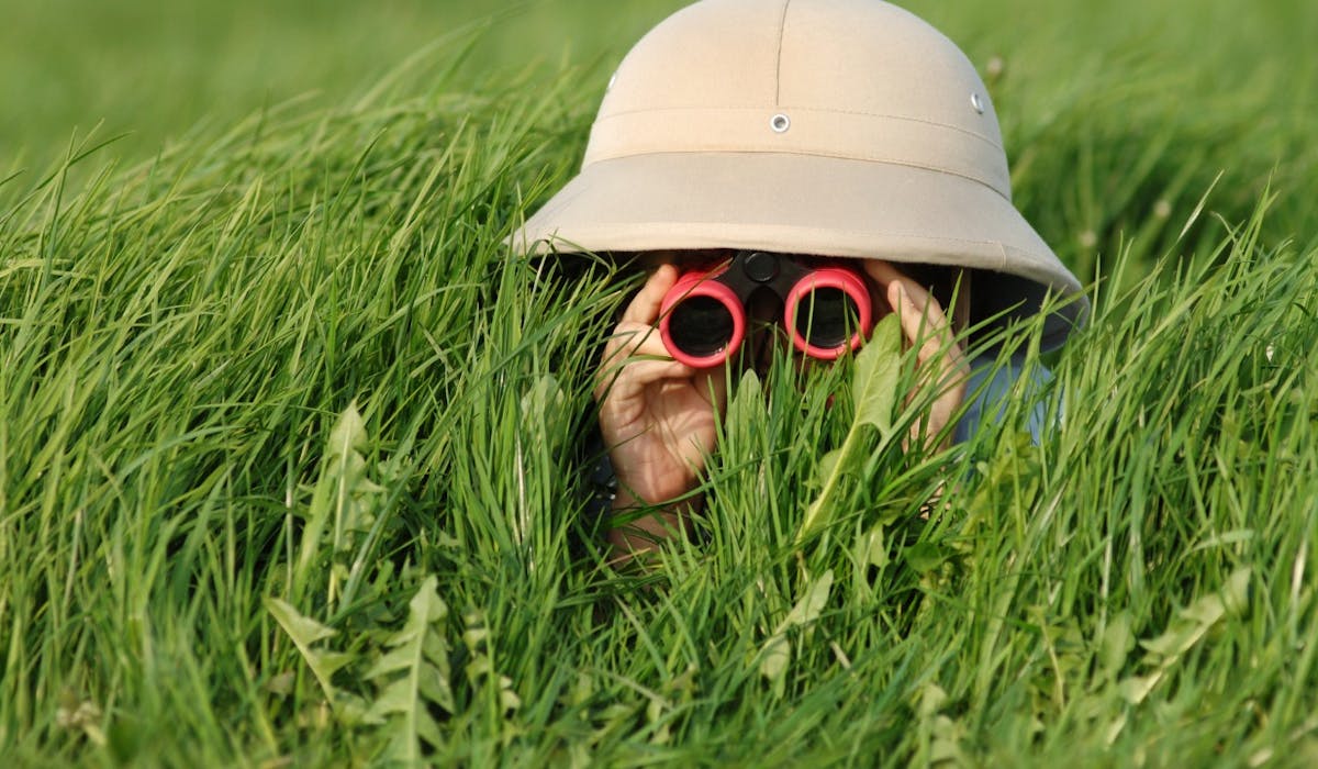 a person intently searching in the grass with a safari hat and red binoculars