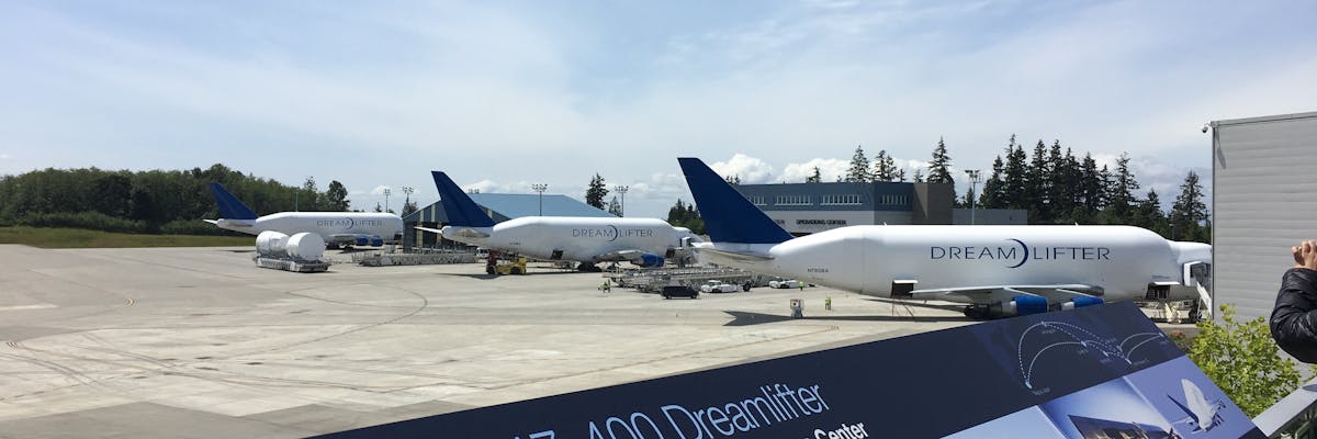 3 of Boeing's incredible Dreamlifters. Just south of downtown Seattle!