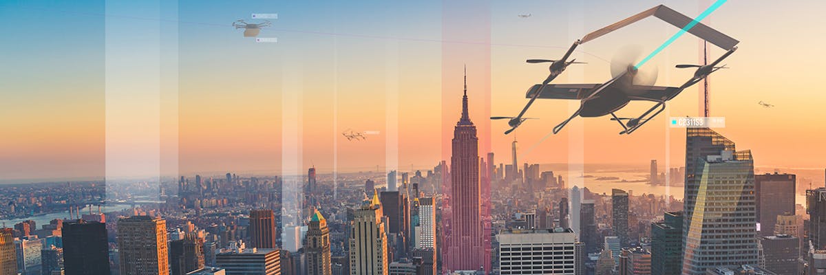 Skygrid concept of transport drone finding a path through city airspace