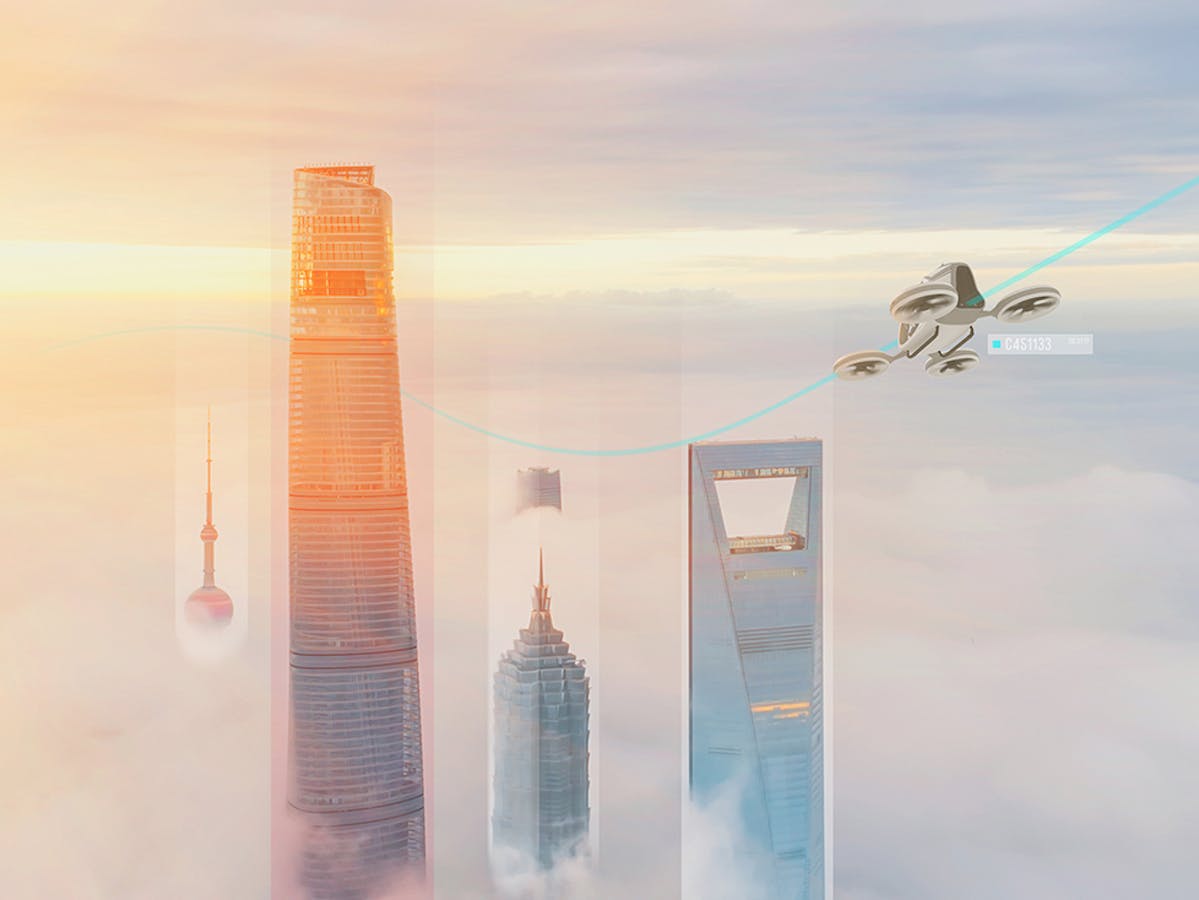 Skygrid concept of quadcopter drone identifying airspace of skyscrapers clouded in fog