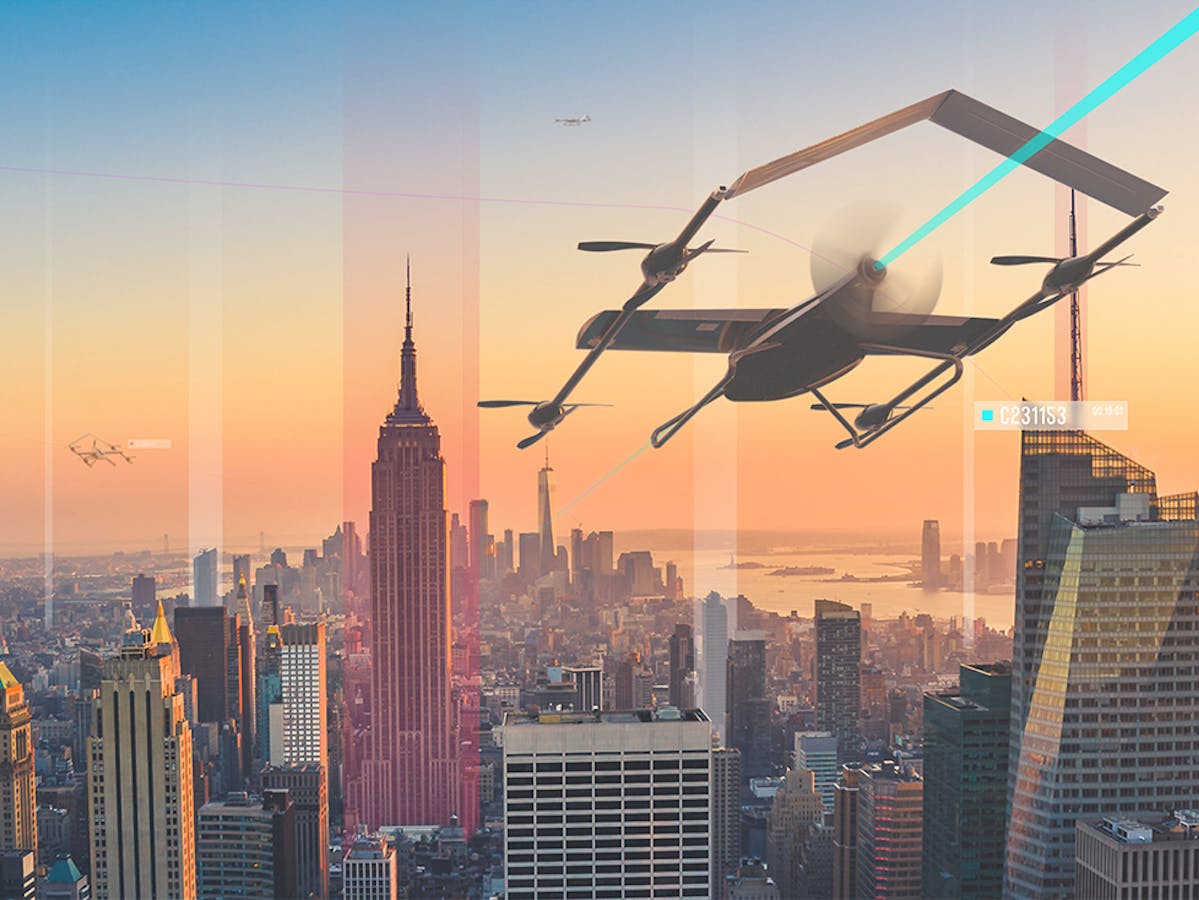 Skygrid concept of transport drone finding a path through city airspace