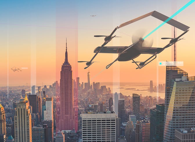 SkyGrid’s airspace management system, uses AI and blockchain to intelligently route, synchronize, and maintain unmanned aircraft in shared airspace.