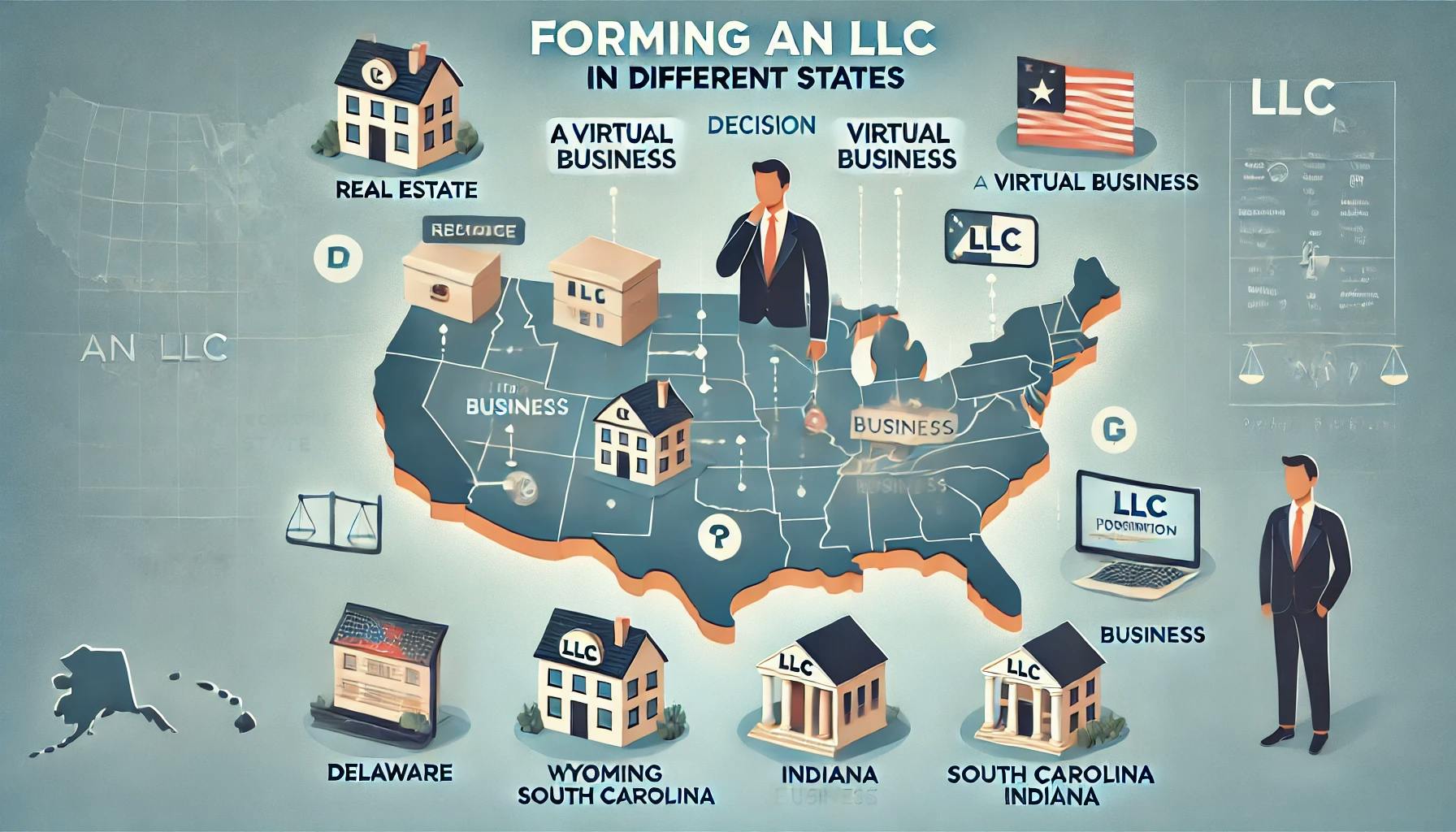 Illustration showing a person surrounded by decision icons for real estate, virtual business, and operational business, with a background map of the United States highlighting Delaware, Wyoming, South Carolina, and Indiana. The image represents the various scenarios and considerations for forming an LLC in different states