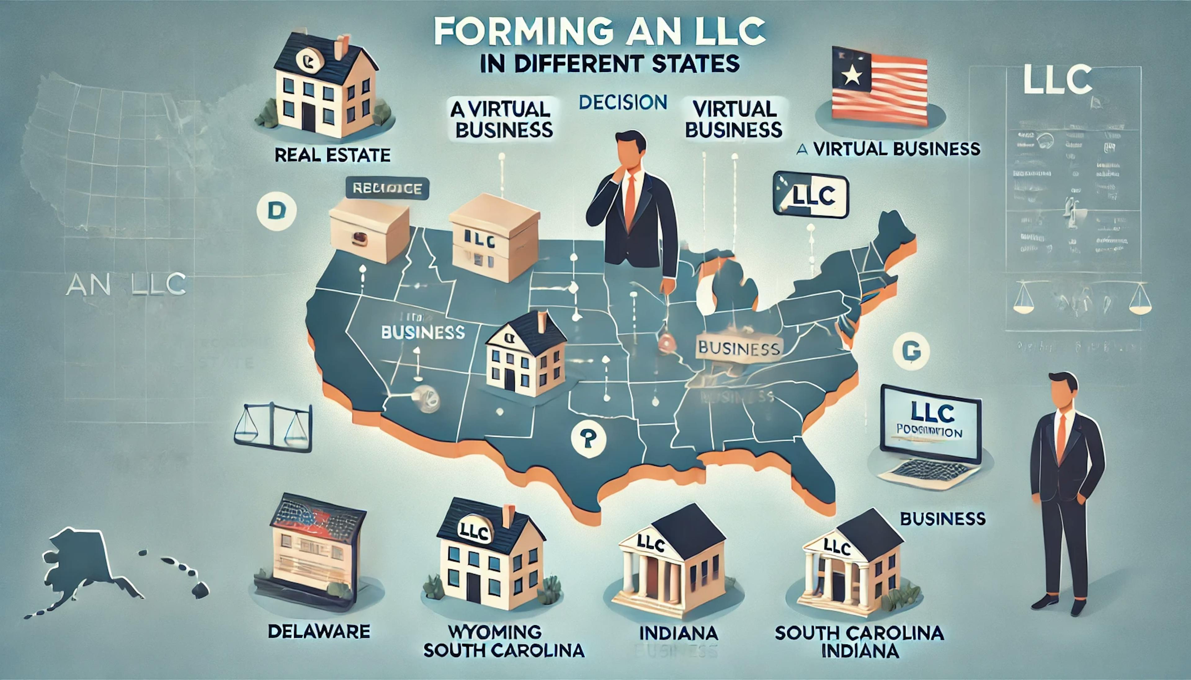 Illustration showing a person surrounded by decision icons for real estate, virtual business, and operational business, with a background map of the United States highlighting Delaware, Wyoming, South Carolina, and Indiana. The image represents the various scenarios and considerations for forming an LLC in different states