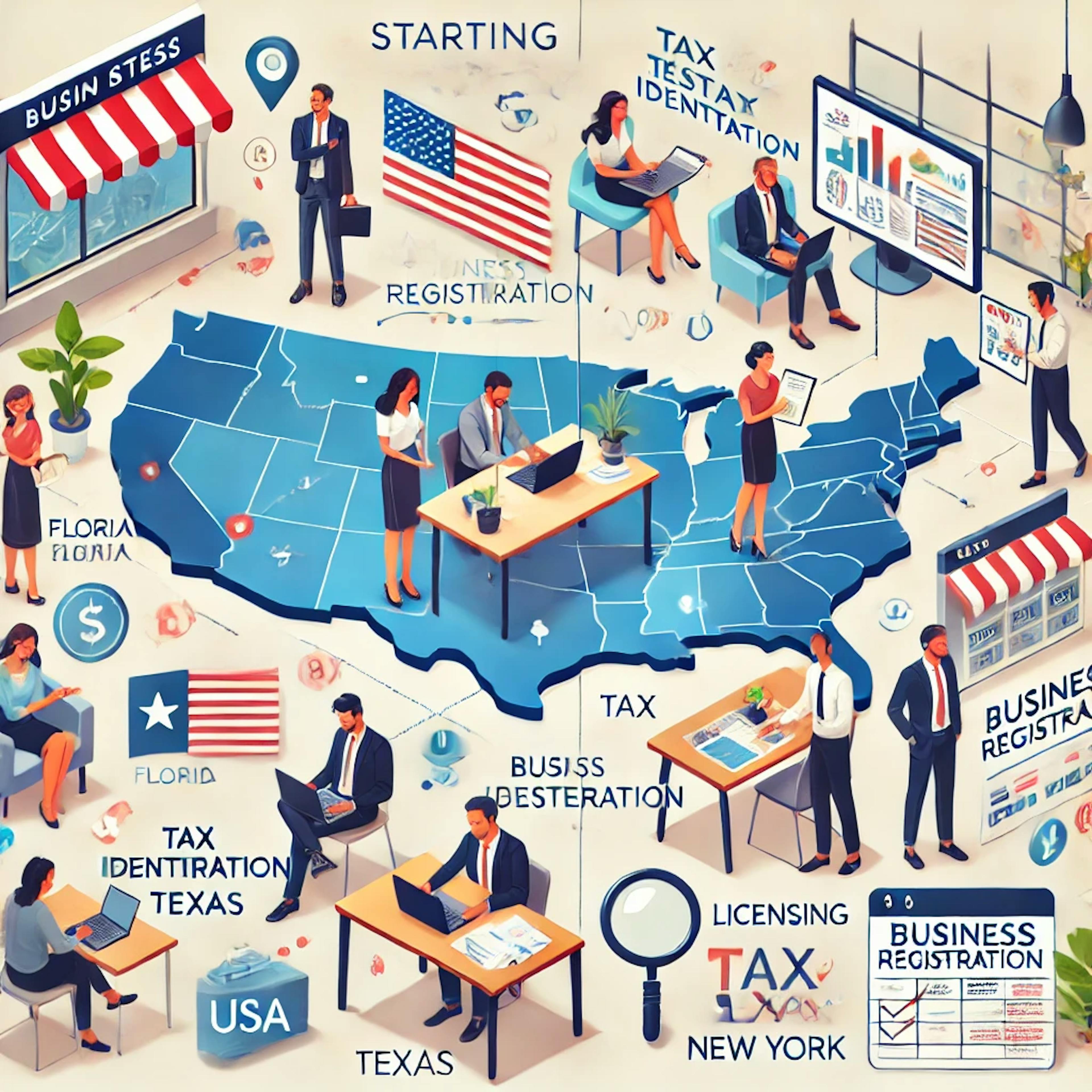 A diverse group of people in an office setting collaborating on starting a business in the USA. The scene includes individuals looking at documents, working on laptops, and discussing a business plan displayed on a whiteboard. The background features a map of the United States highlighting key business states such as Florida, Delaware, Texas, and New York, with icons and symbols representing business registration, tax identification, and licensing