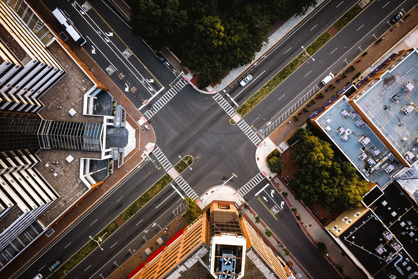 Birds eye view of city intersection