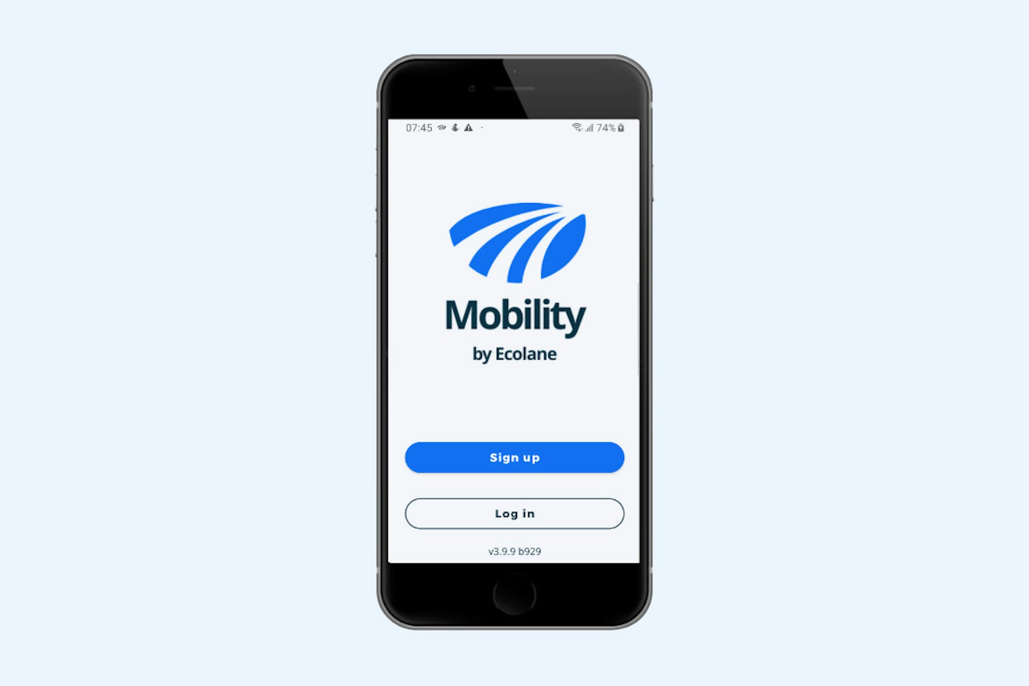 Smartphone showing the “Mobility by Ecolane” app welcome screen with logo and buttons to sign up or log in.