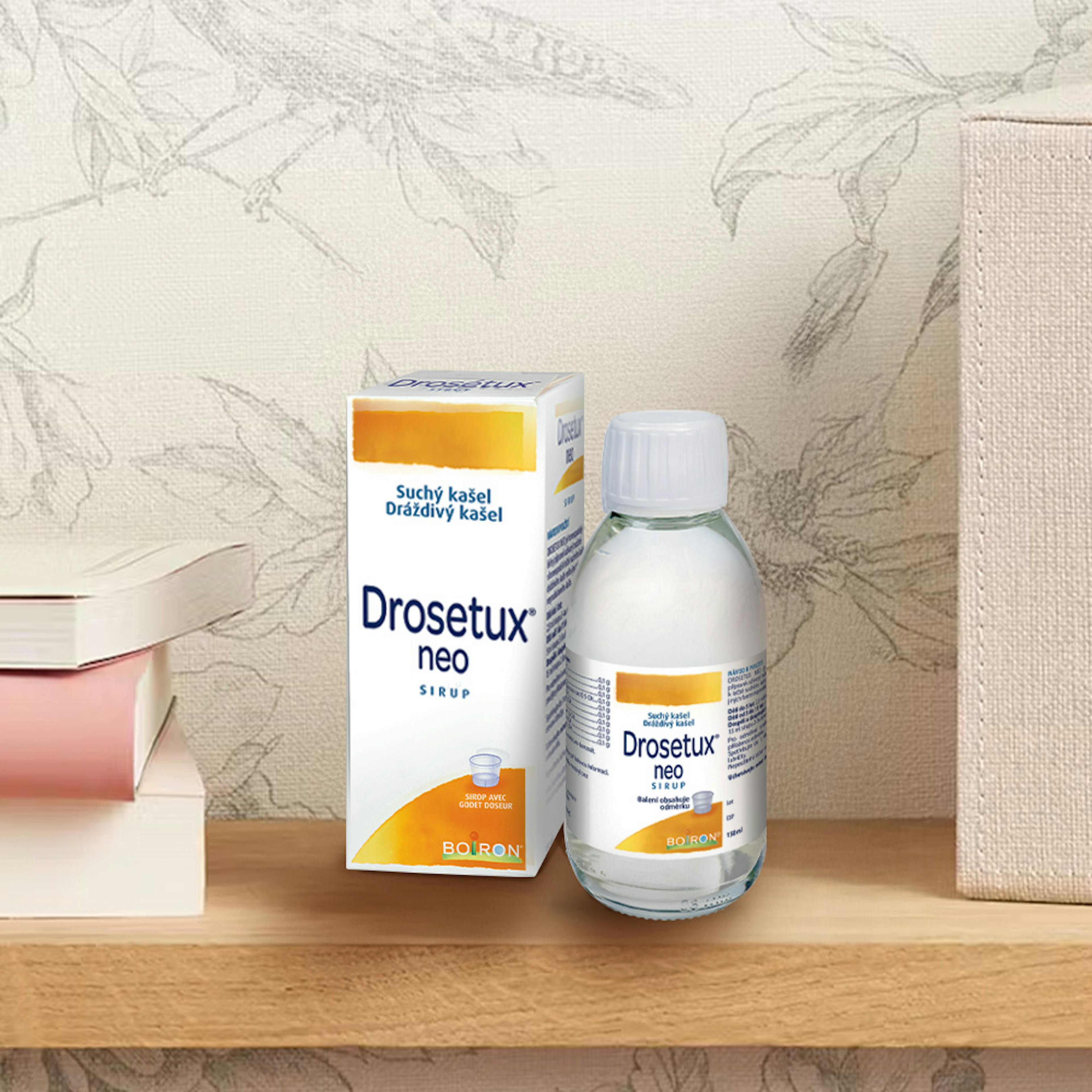 drosetux- léčbě suchého kašle, dráždivého kašle nebo jinýcičkou.h forem neproduktivního kašle. Drosetux na poličce.