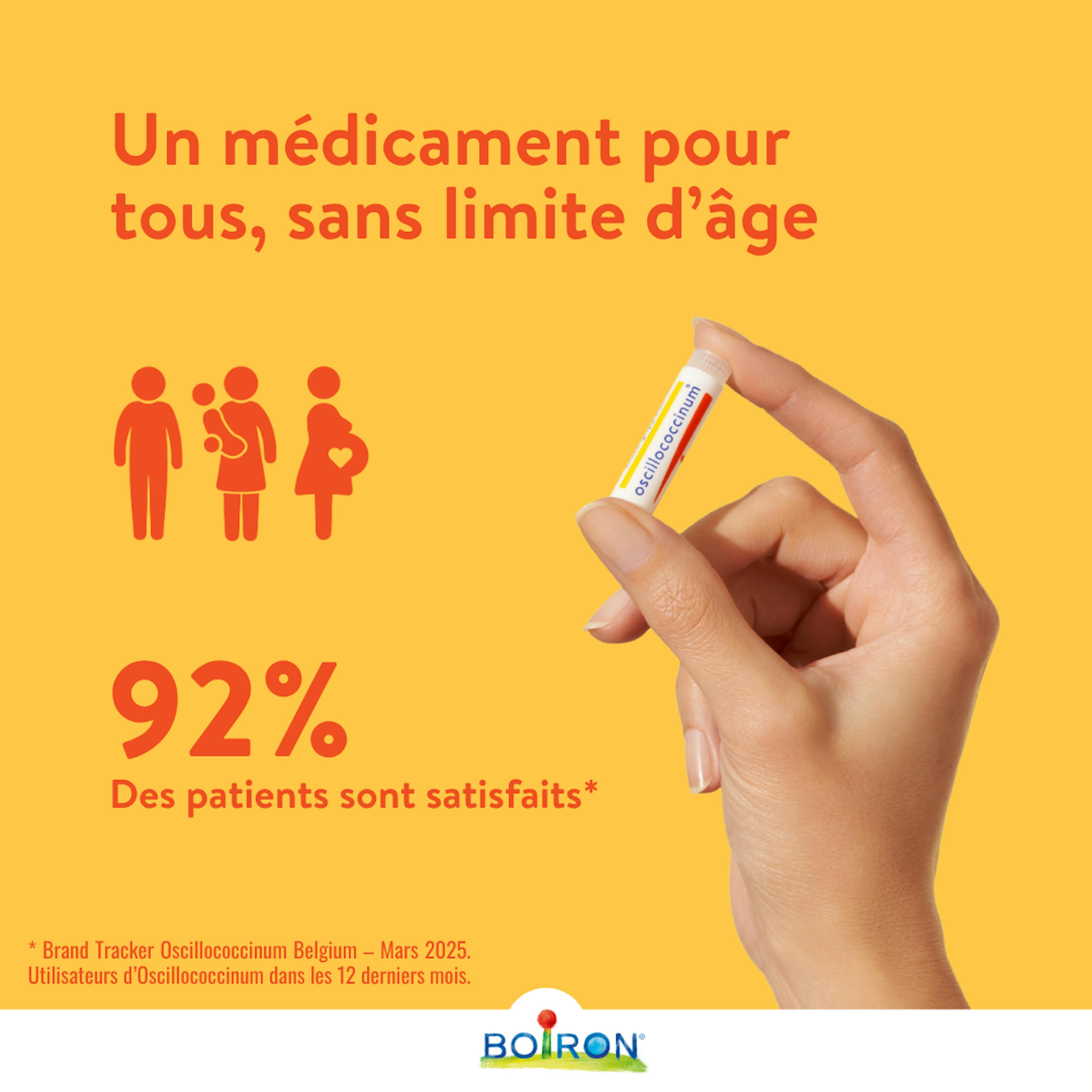 oscillococcinum boiron pour symptomes grippaux fièvre frissons courbatures satisfaction 92%