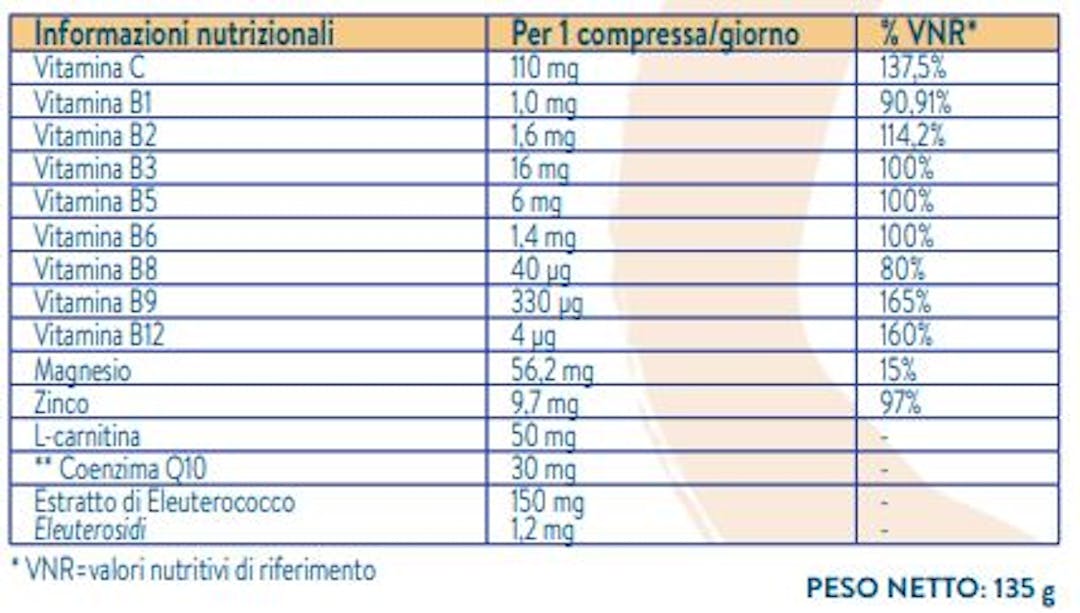 Oscillo vitalità adulto - tabella nutrizionale