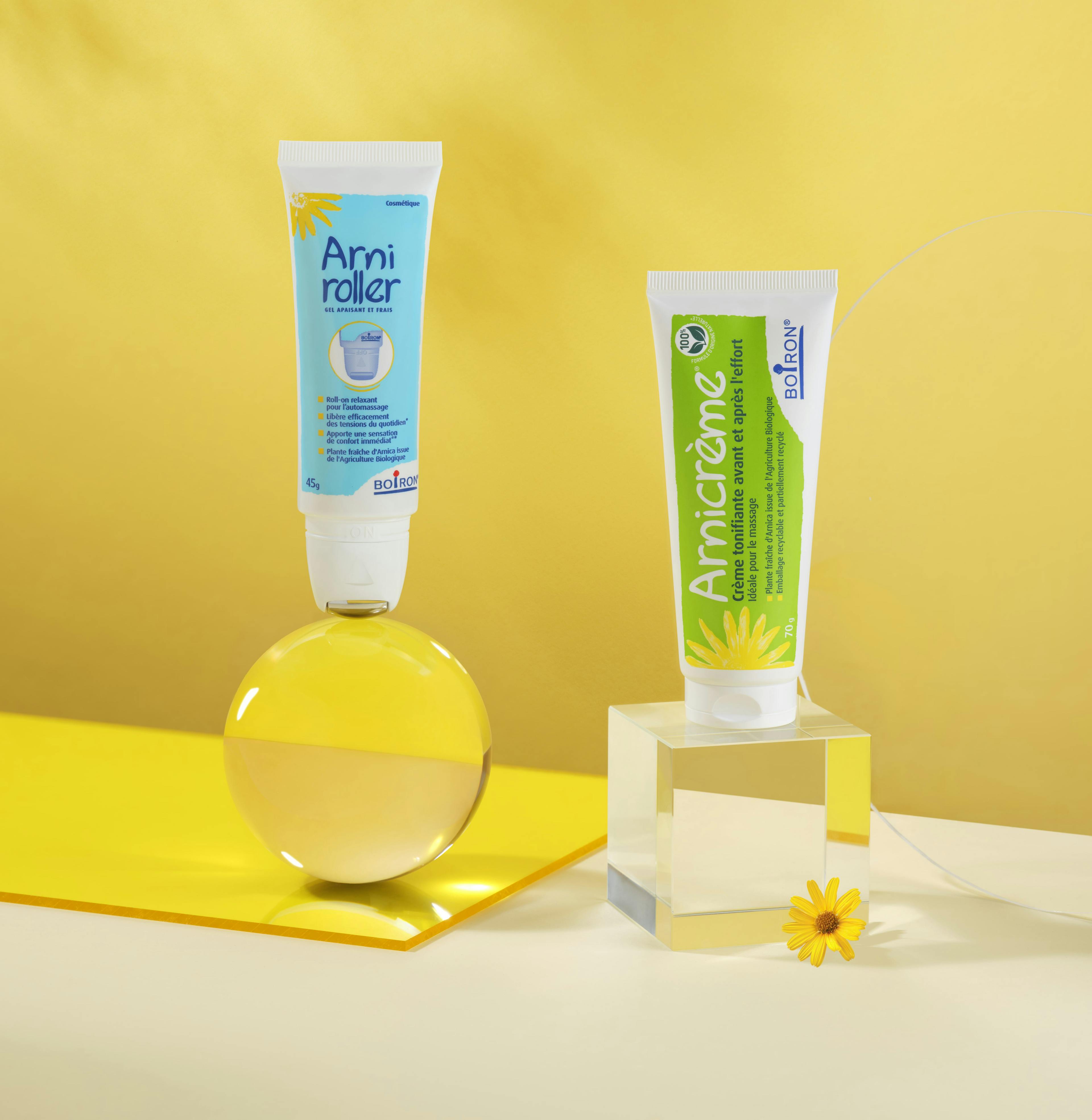 Gamme Arnica avec Arnicrème et Arniroller Boiron