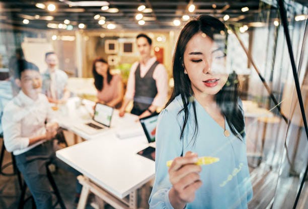 employees brainstorming in a conference room