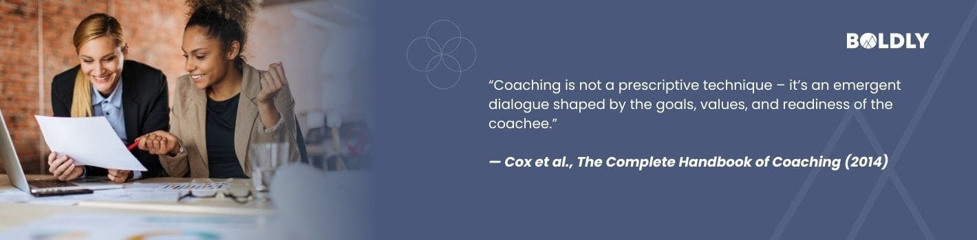 Coaching quote: “Coaching is not a prescriptive technique – it’s an emergent dialogue shaped by the goals, values, and readiness of the coachee.”  — Cox et al., The Complete Handbook of Coaching (2014)
