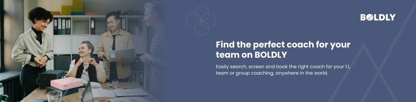 Graphic with text: Find the perfect coach for your team on BOLDLY. Easily search, screen and book the right coach for your 1:1, team or group coaching, anywhere in the world.