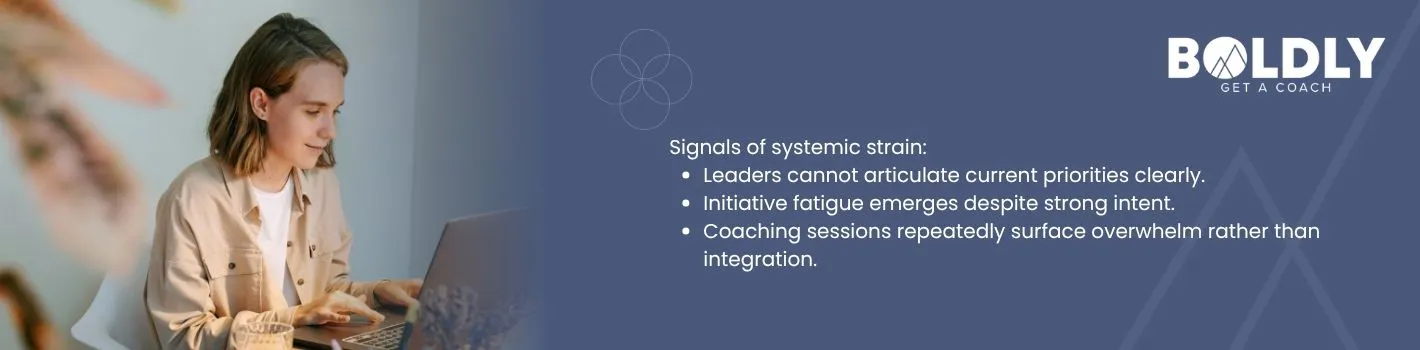 Signals of systemic strain:       Leaders cannot articulate current priorities clearly.     Initiative fatigue emerges despite strong intent.     Coaching sessions repeatedly surface overwhelm rather than integration. 