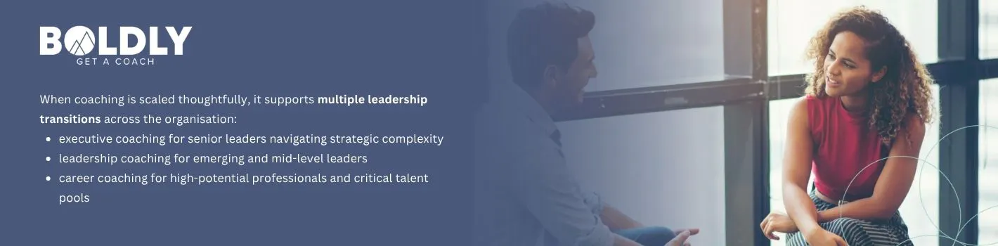 When coaching is scaled thoughtfully, it supports multiple leadership transitions across the organisation:  executive coaching for senior leaders navigating strategic complexity  leadership coaching for emerging and mid-level leaders  career coaching for high-potential professionals and critical talent pools 