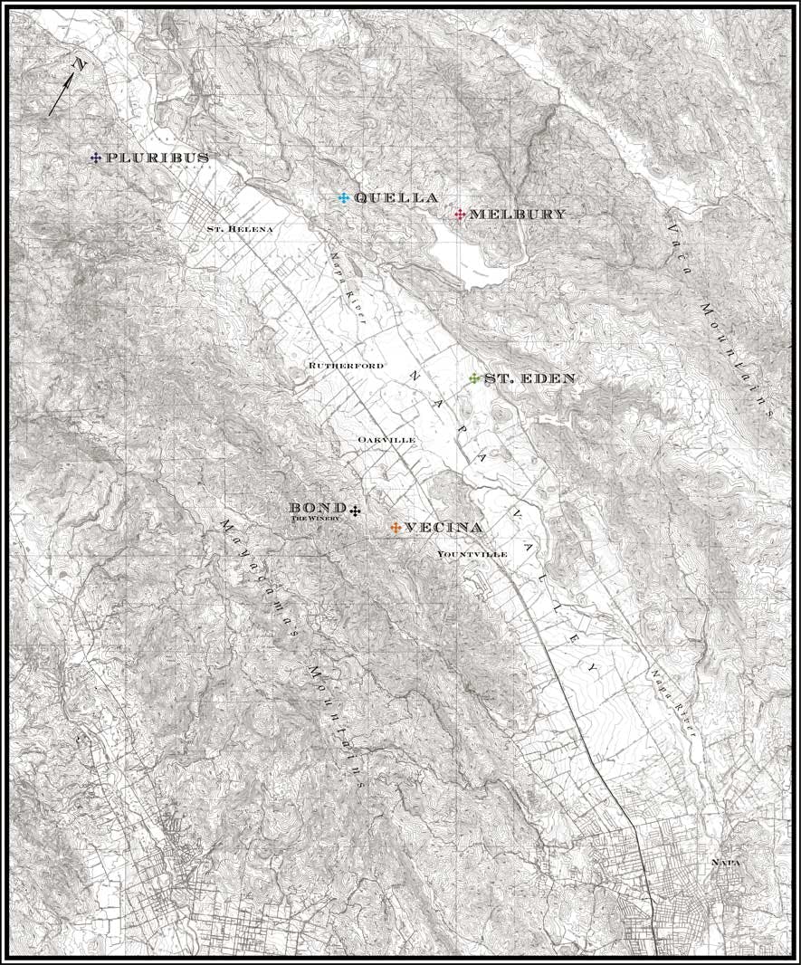Map of the Napa Valley including five BOND vineyards and BOND winery