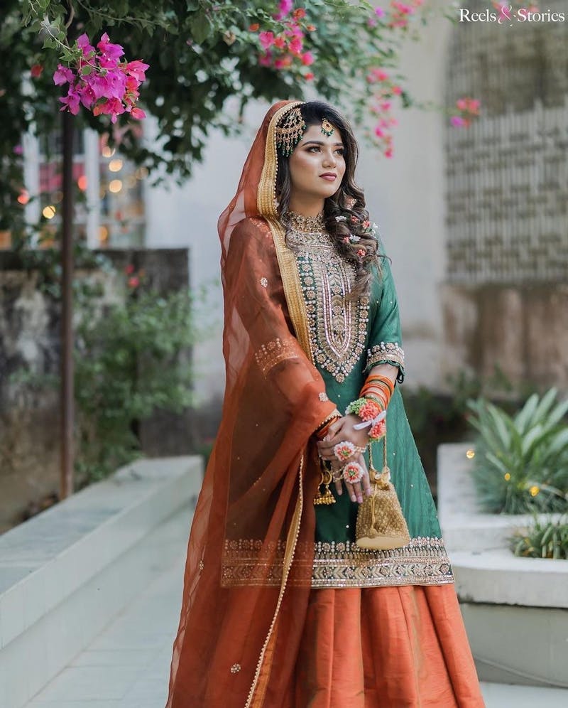 green and safron kurti set