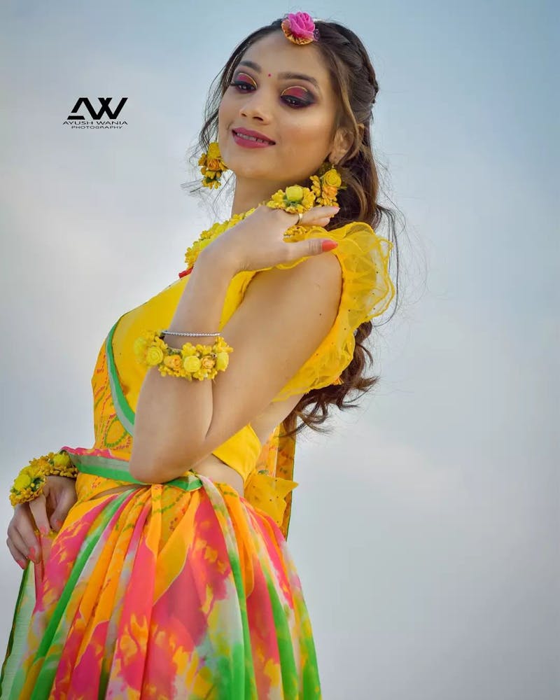 Yellow bandhej saree