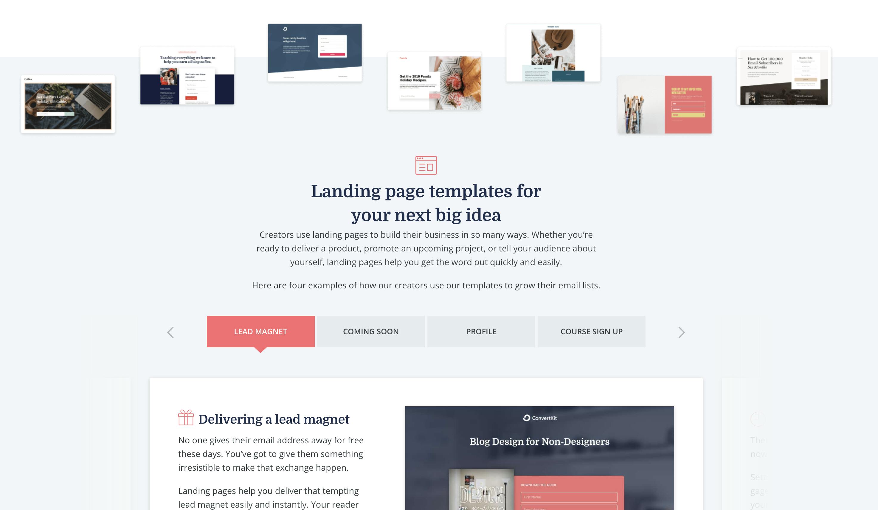 ConvertKit's landing page builder and templates