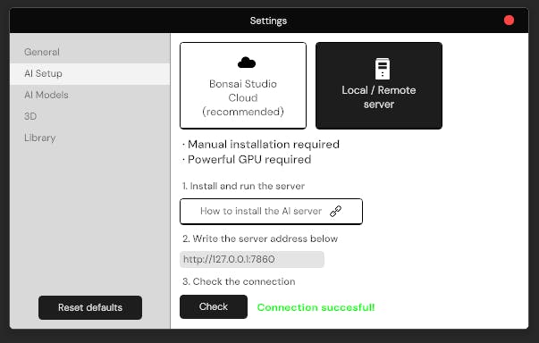 Bonsai Studio AI setup settings