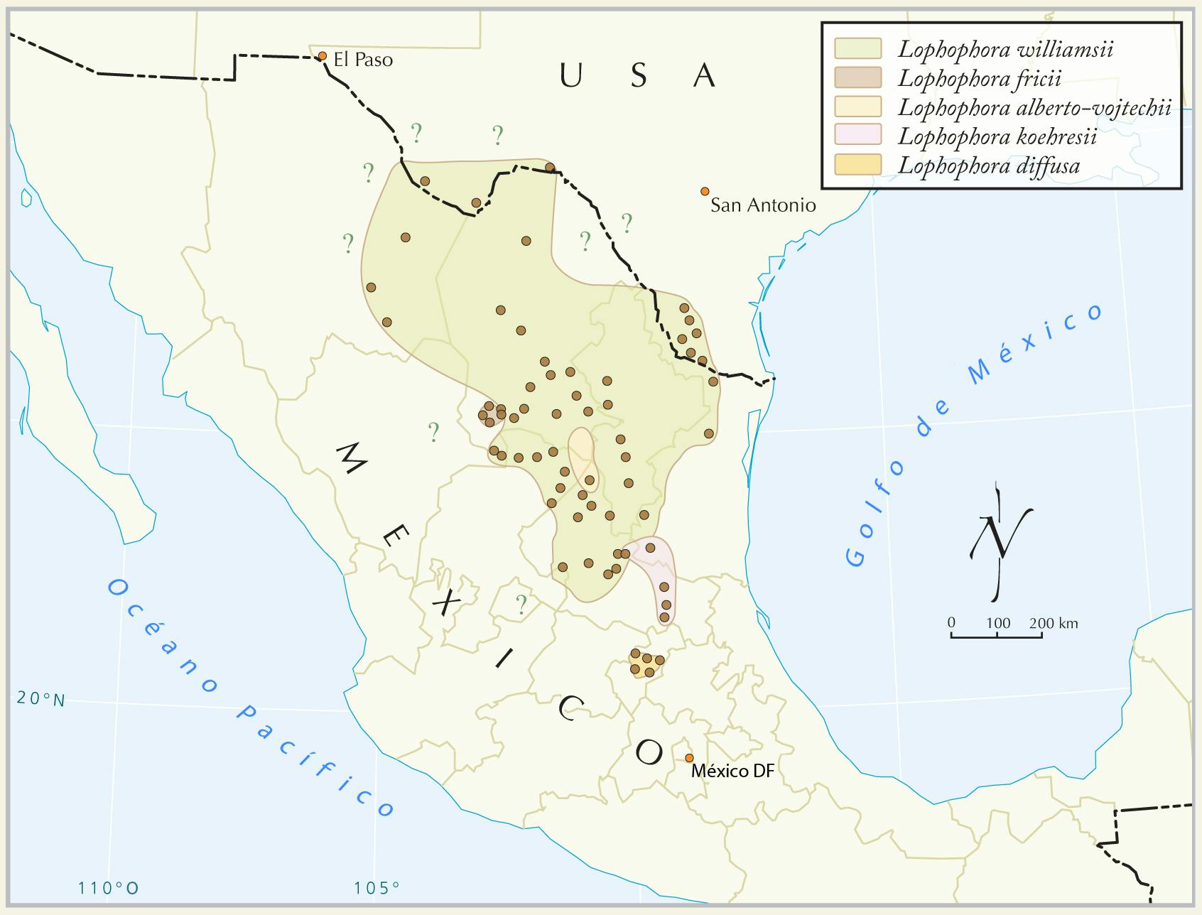 Mapa de la República Mexicana que muestra donde se encuentra el peyote.