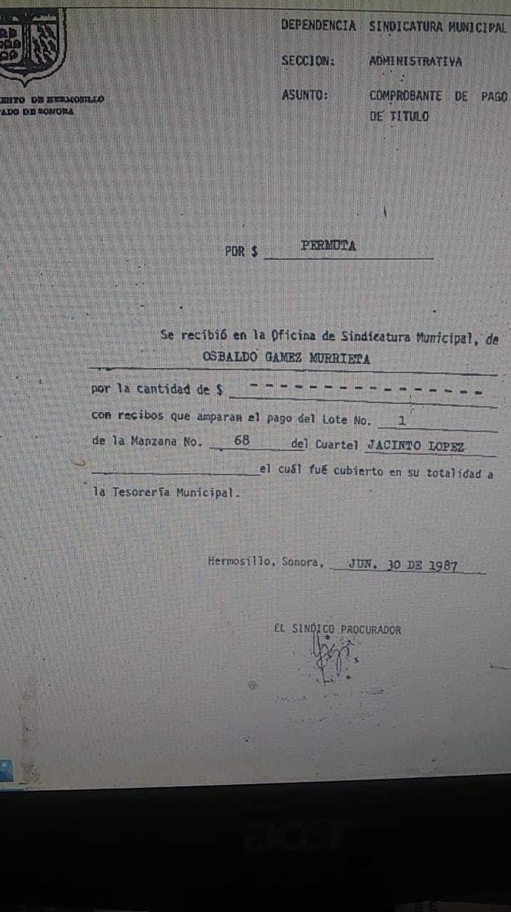 Comprobante de pago de título al Ayuntamiento de Hermosillo de Osbaldo Gámez