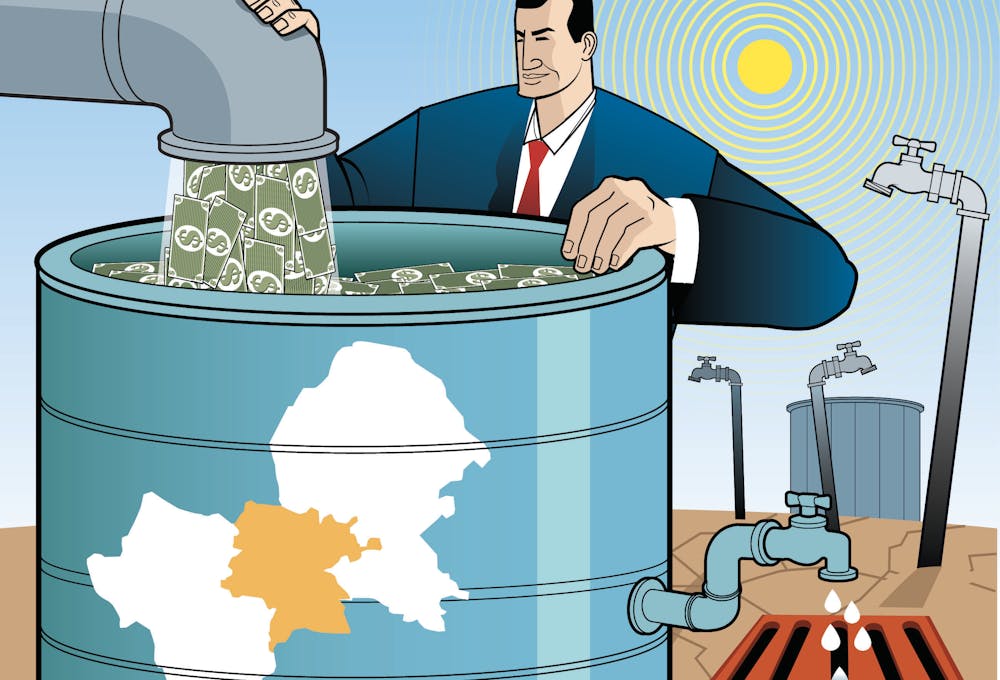 Ilustración que representa un barril sin fondo de dinero que se traduce en poca agua