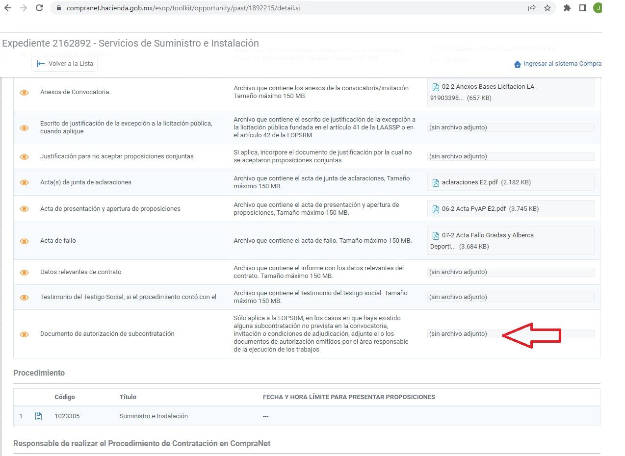Captura de CompraNet donde se muestra que no se adjuntó el documento de autorización de subcontratación