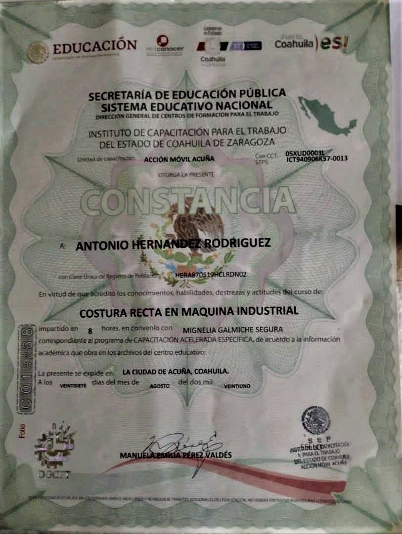 Certificado de capacitación del ICATEC Acuna