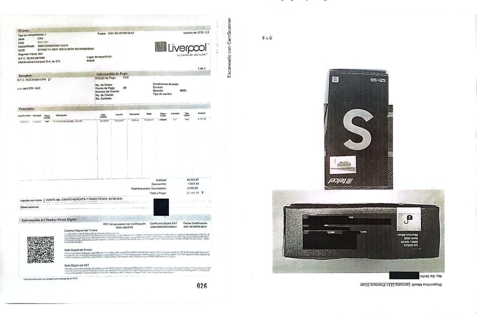 Factura de celular Samsung S21 con un costo de 20 mil 195 pesos