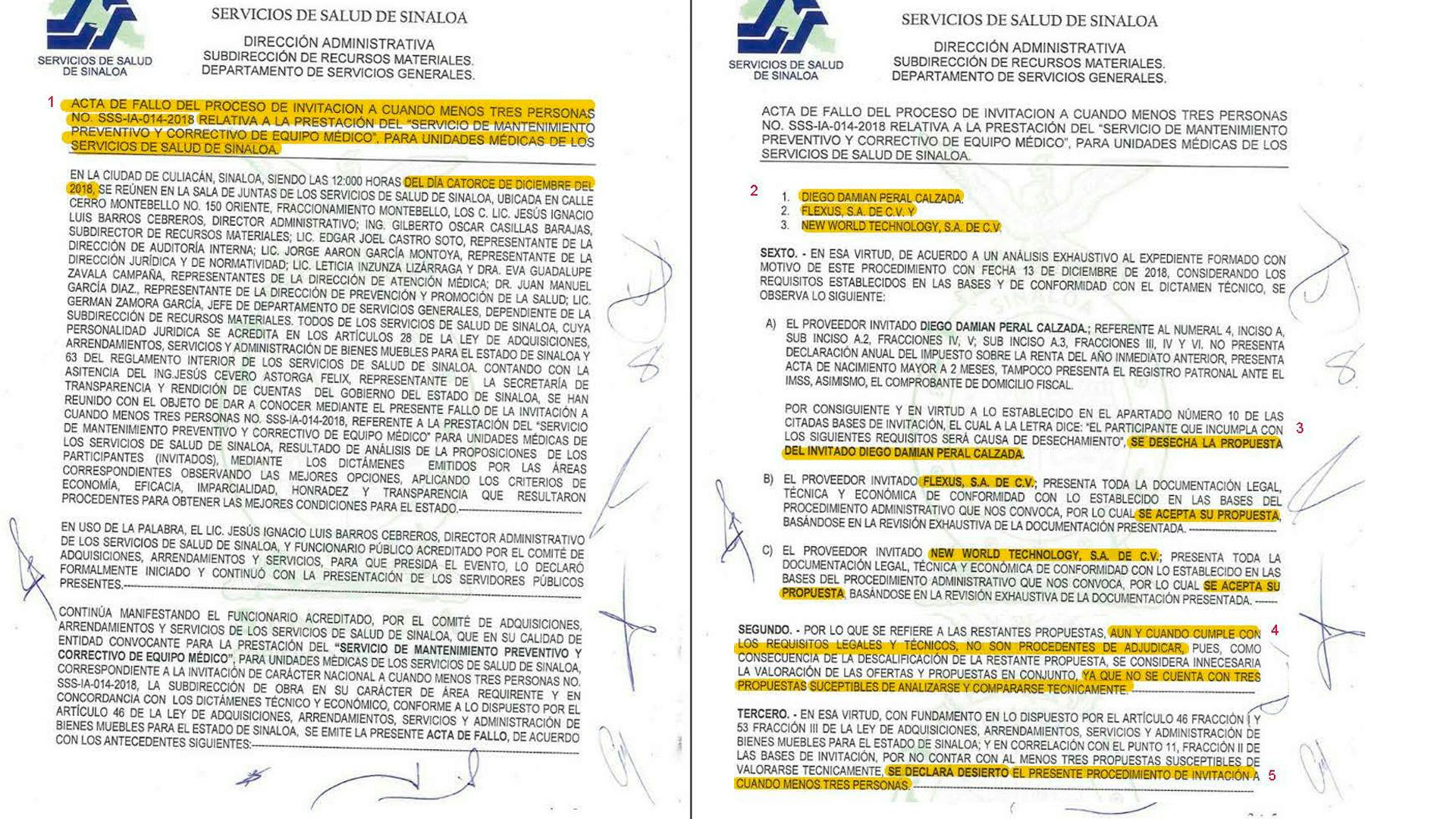 Acta del fallo del proceso de invitación a cuando menos tres proveedores realizado por Servicios de Salud de Sinaloa