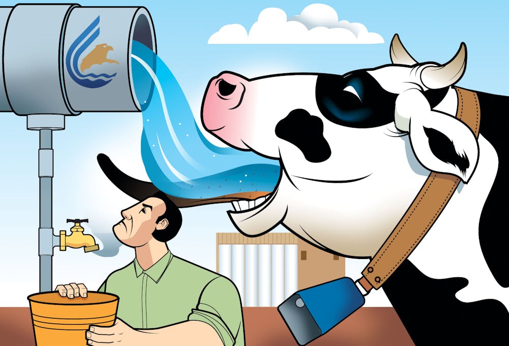 grafico sobre una vaca gorda que representa a una empresa que monopoliza el agua y una persona sin agua