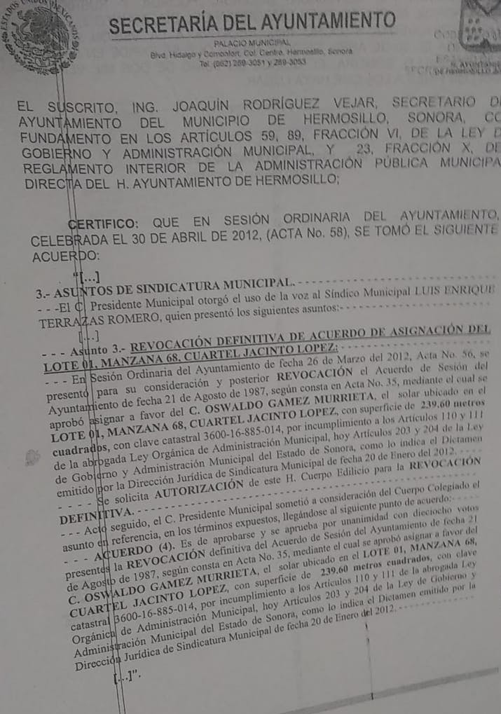 Copia del acta oficial donde se rvocó la propiedad a Osbaldo Gámez