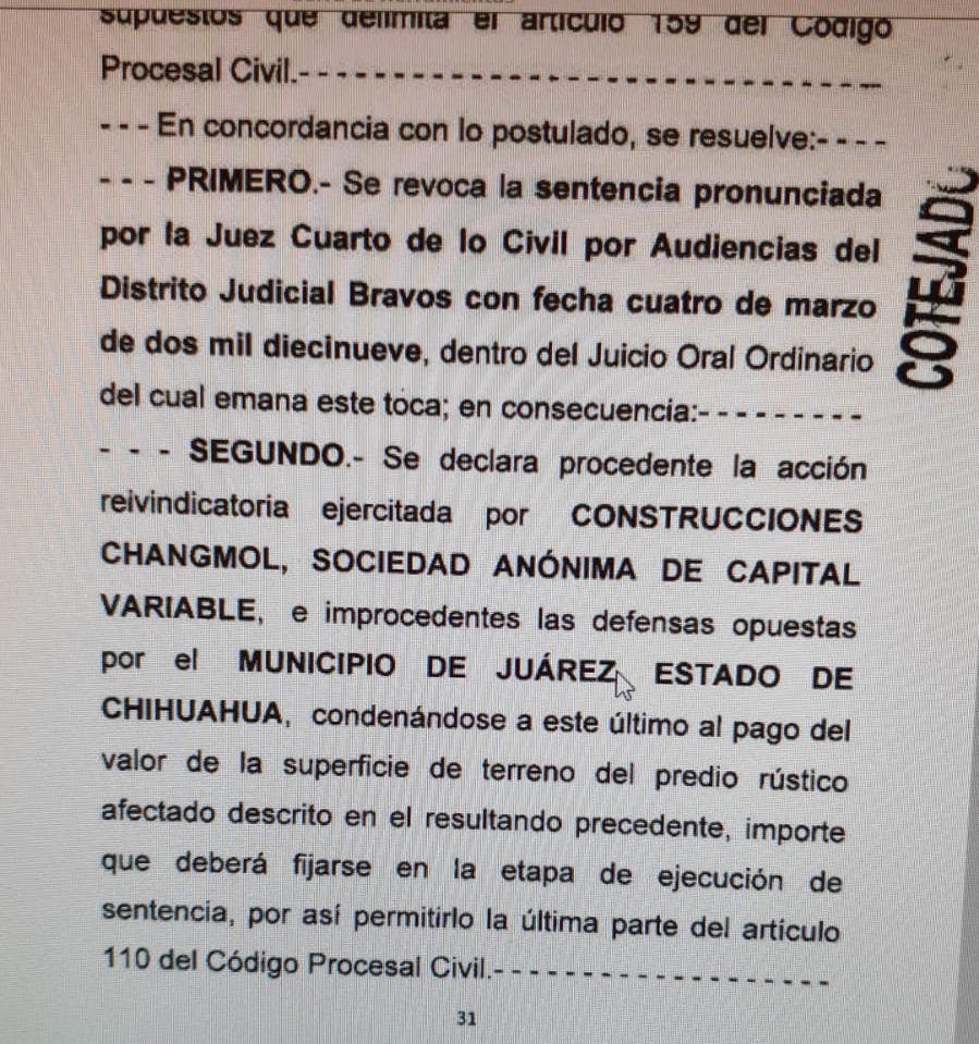 Sentencia contra el municipio de Juárez.