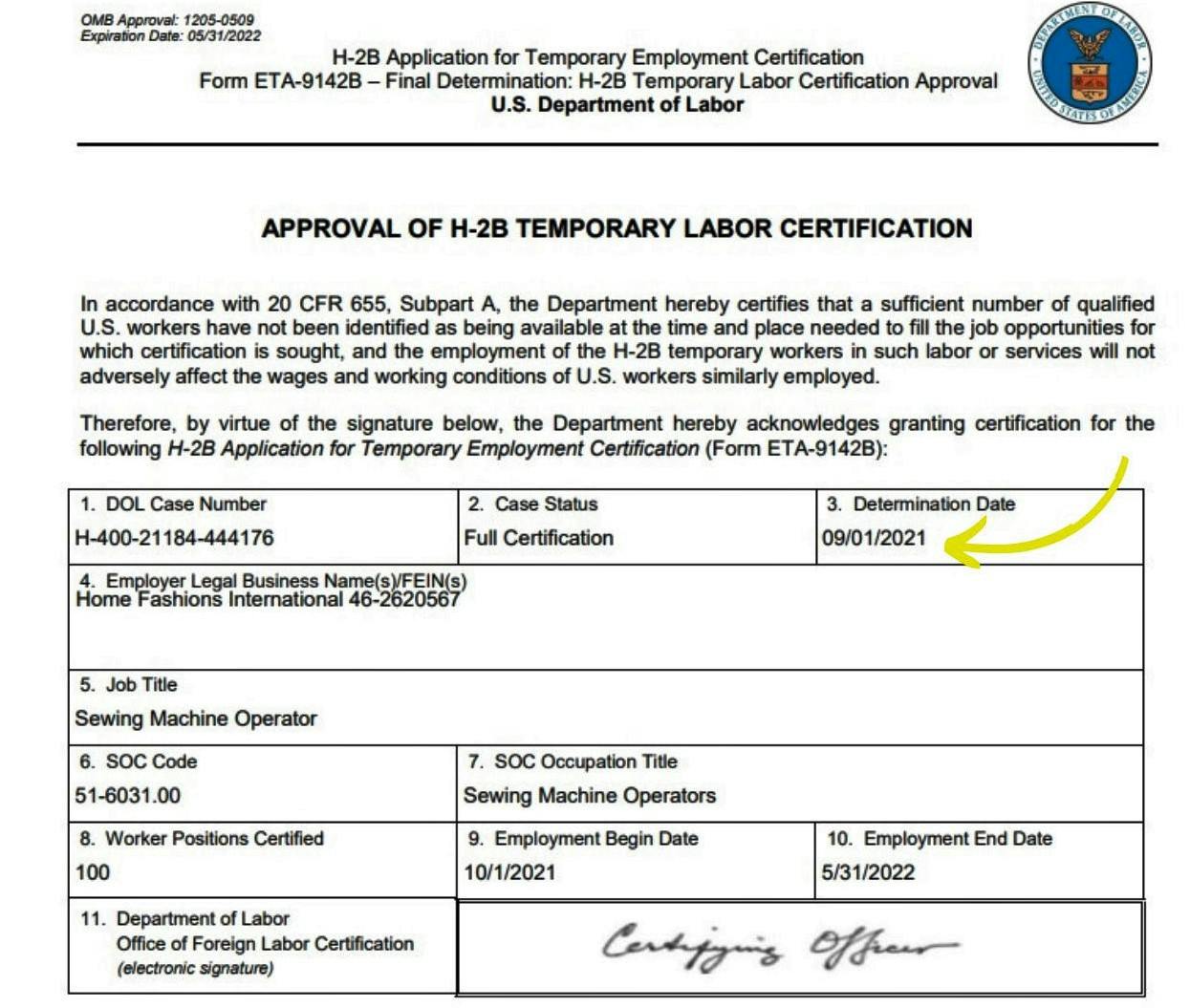 Certificado laboral expedida por el Departamento del Trabajo de los Estados Unidos a la empresa HFI